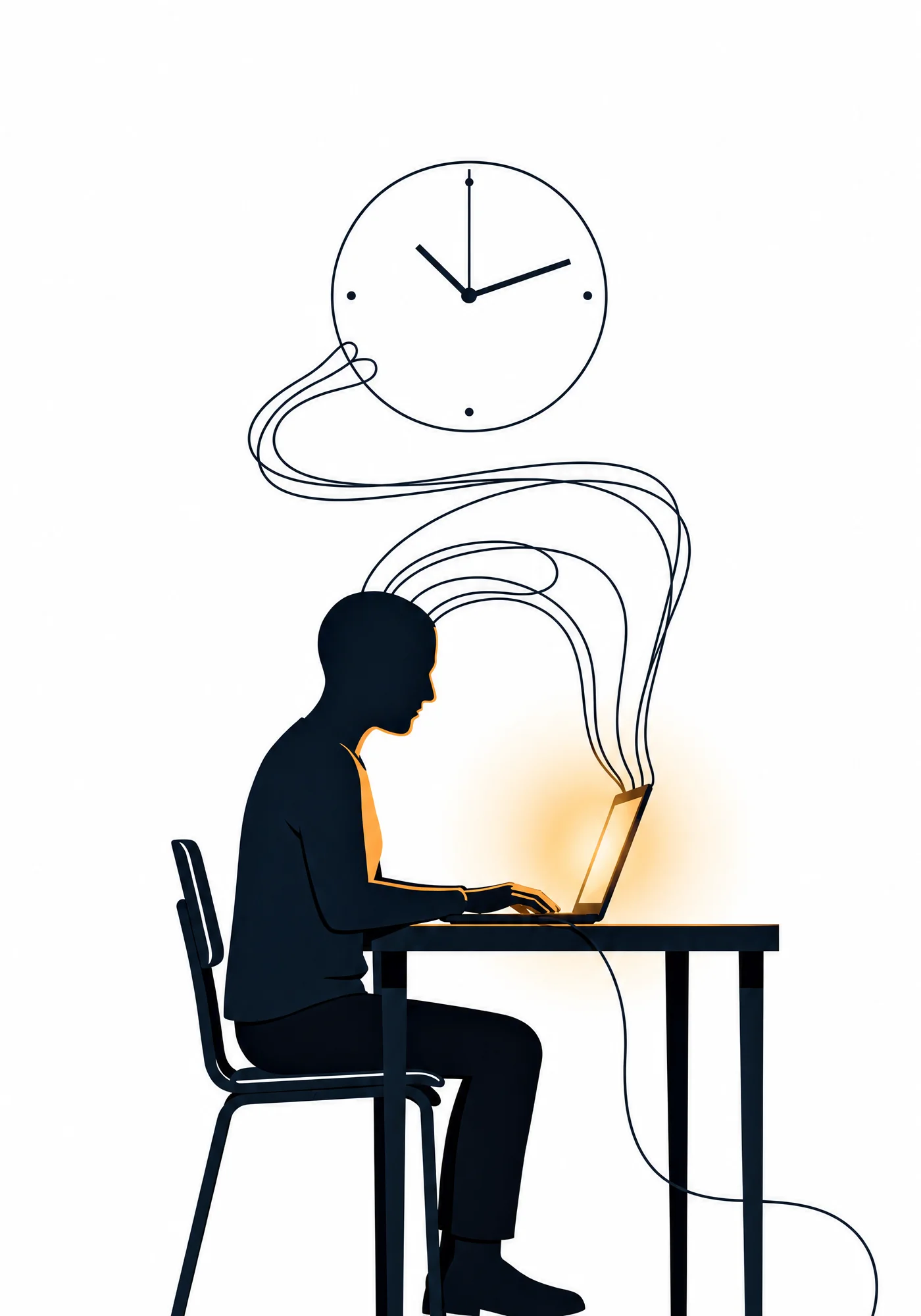 Line illustration of a person working late at a glowing laptop, with tangled cords rising to a clock overhead — the book's cover art.