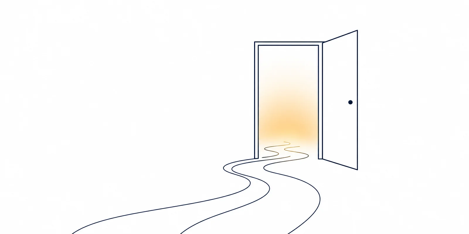 Line illustration of an open door with warm light and a winding path leading through it, from the book's R.E.S.T. Method chapter.